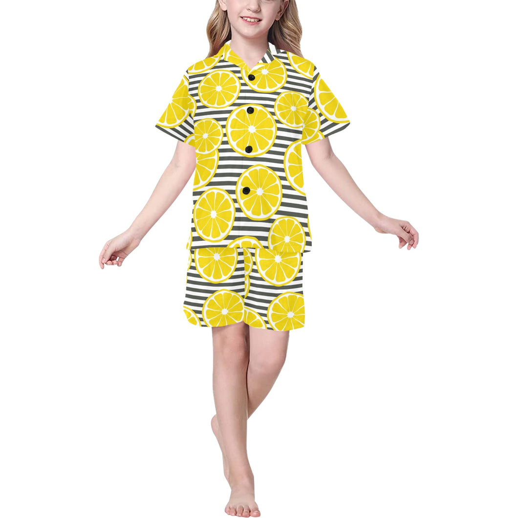 slice of lemon design pattern Kids' Boys' Girls' V-Neck Short Pajama Set
