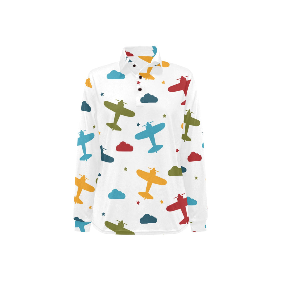 Airplane star cloud colorful Women's Long Sleeve Polo Shirt