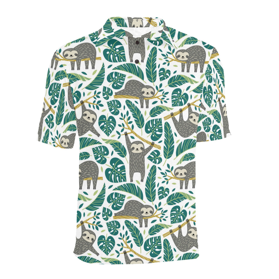 Cute sloths tropical palm leaves white background Men's All Over Print Polo Shirt