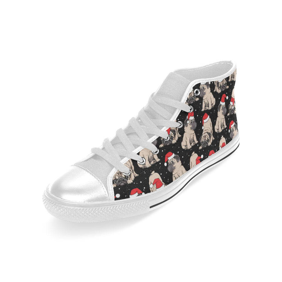 Christmas Pugs Santa_s red cap pattern Men's High Top Canvas Shoes White