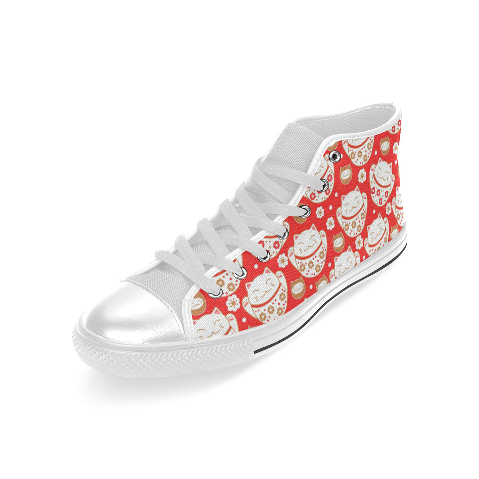 Cute Maneki neko cat red background Men's High Top Canvas Shoes White
