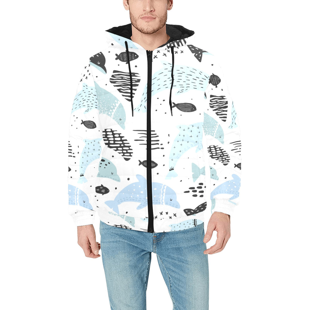 Cute dolphins Childish Style pattern Men's Padded Hooded Jacket