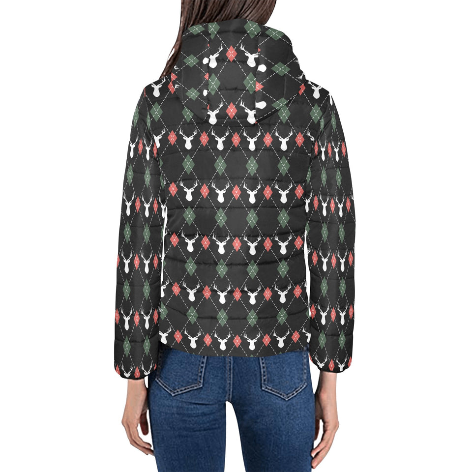 Deer Christmas new year pattern argyle Women's Padded Hooded Jacket