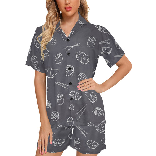 sushi pattern black background Women's V-Neck Short Pajama Set
