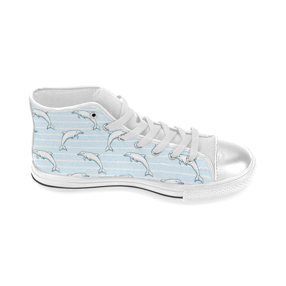 Dolphin blue striped background Women's High Top Canvas Shoes White