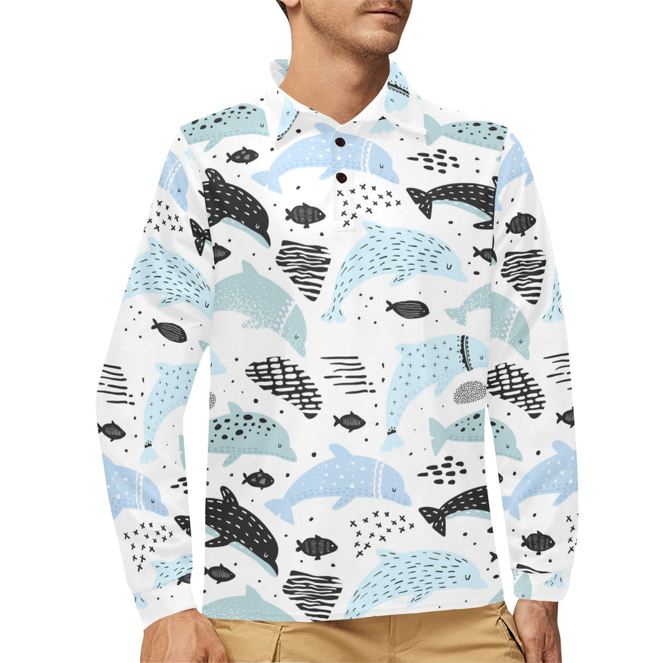Cute dolphins Childish Style pattern Men's Long Sleeve Polo Shirt