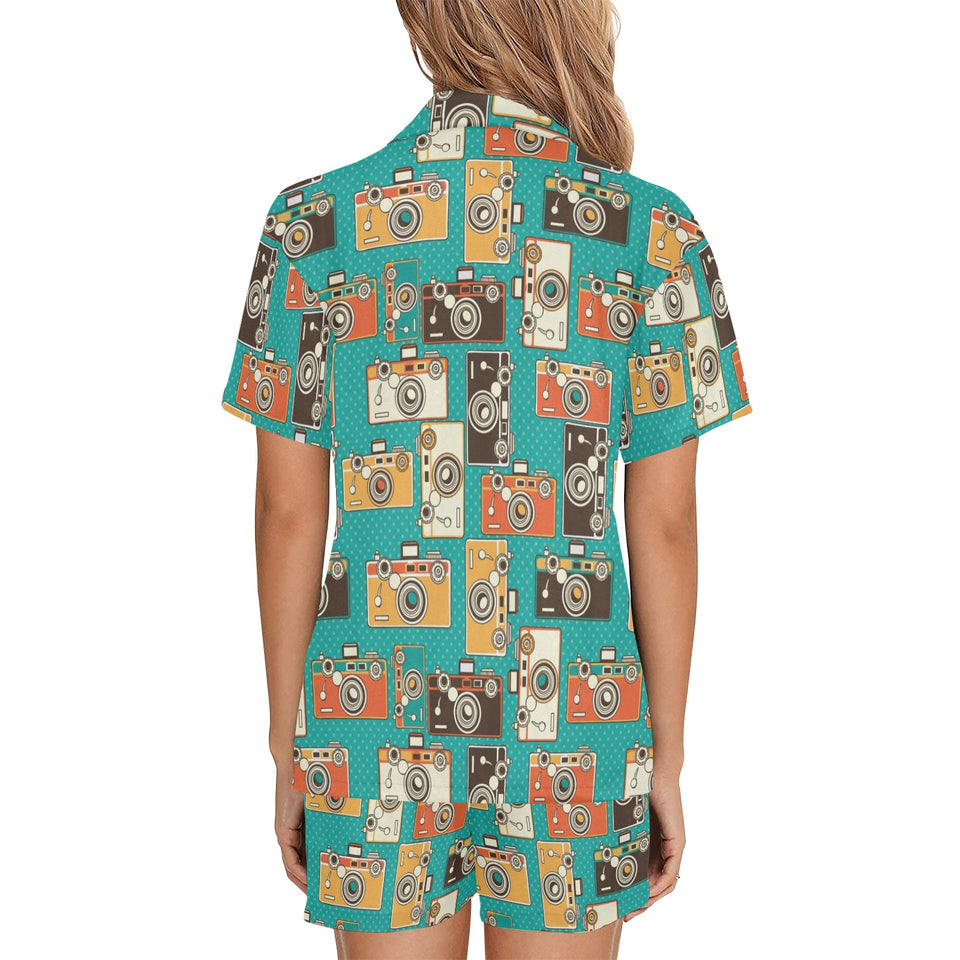 Camera Pattern Print Design 03 Women's V-Neck Short Pajama Set