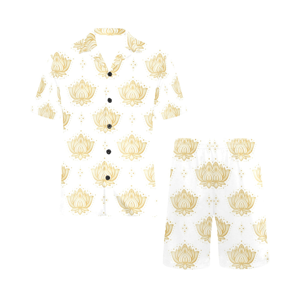 Gold Ornamental lotue waterlily symbol pattern Men's V-Neck Short Pajama Set