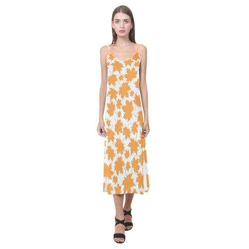 Orange Maple Leaf pattern V-Neck Open Fork Long Dress