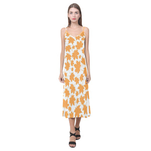 Orange Maple Leaf pattern V-Neck Open Fork Long Dress