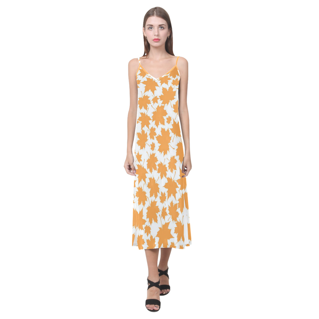 Orange Maple Leaf pattern V-Neck Open Fork Long Dress
