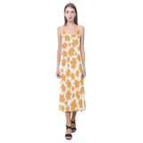 Orange Maple Leaf pattern V-Neck Open Fork Long Dress