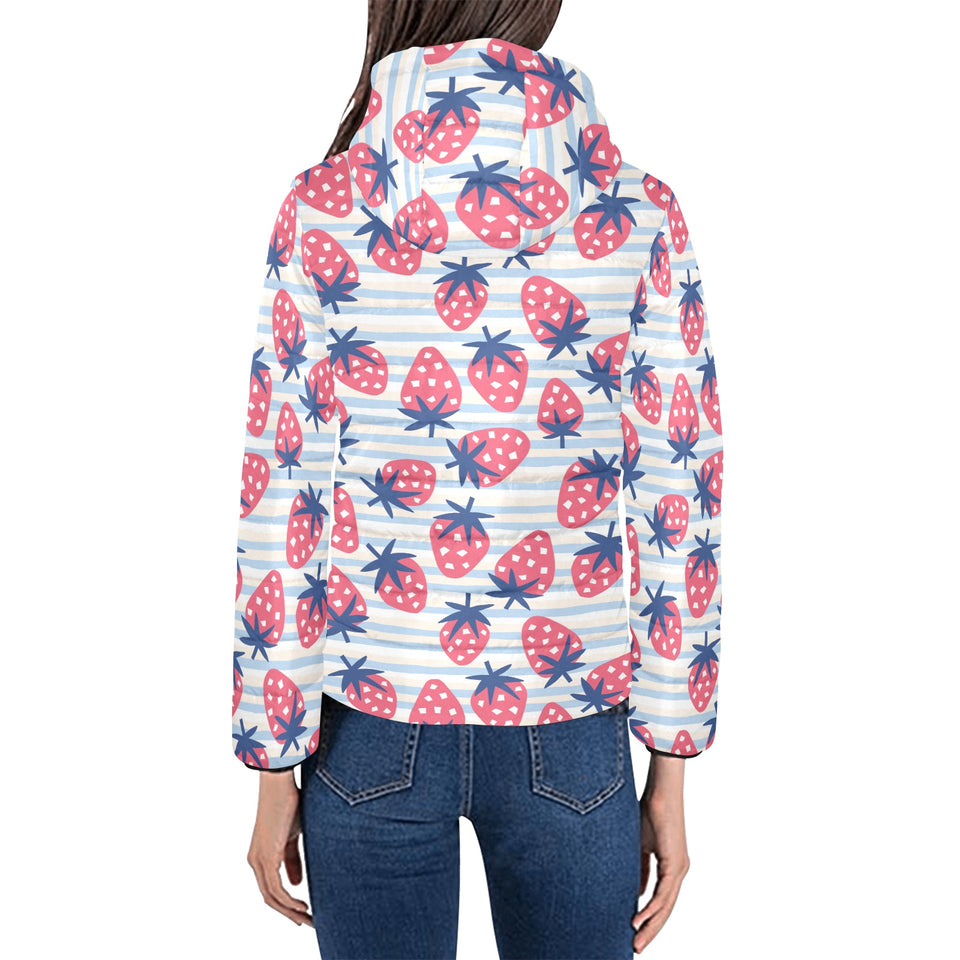 Strawberry pattern blue lines background Women's Padded Hooded Jacket