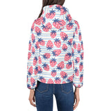 Strawberry pattern blue lines background Women's Padded Hooded Jacket