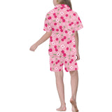 cherry flower pattern pink background Kids' Boys' Girls' V-Neck Short Pajama Set