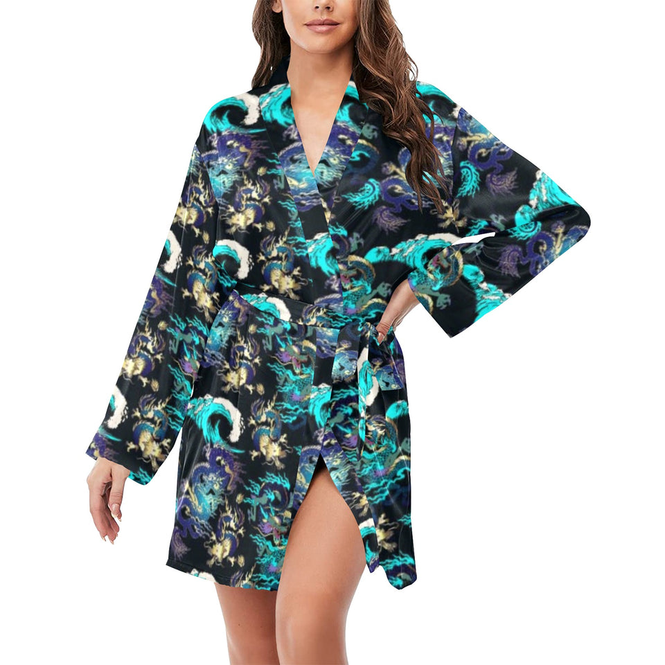 Dragon sea wave pattern Women's Long Sleeve Belted Night Robe