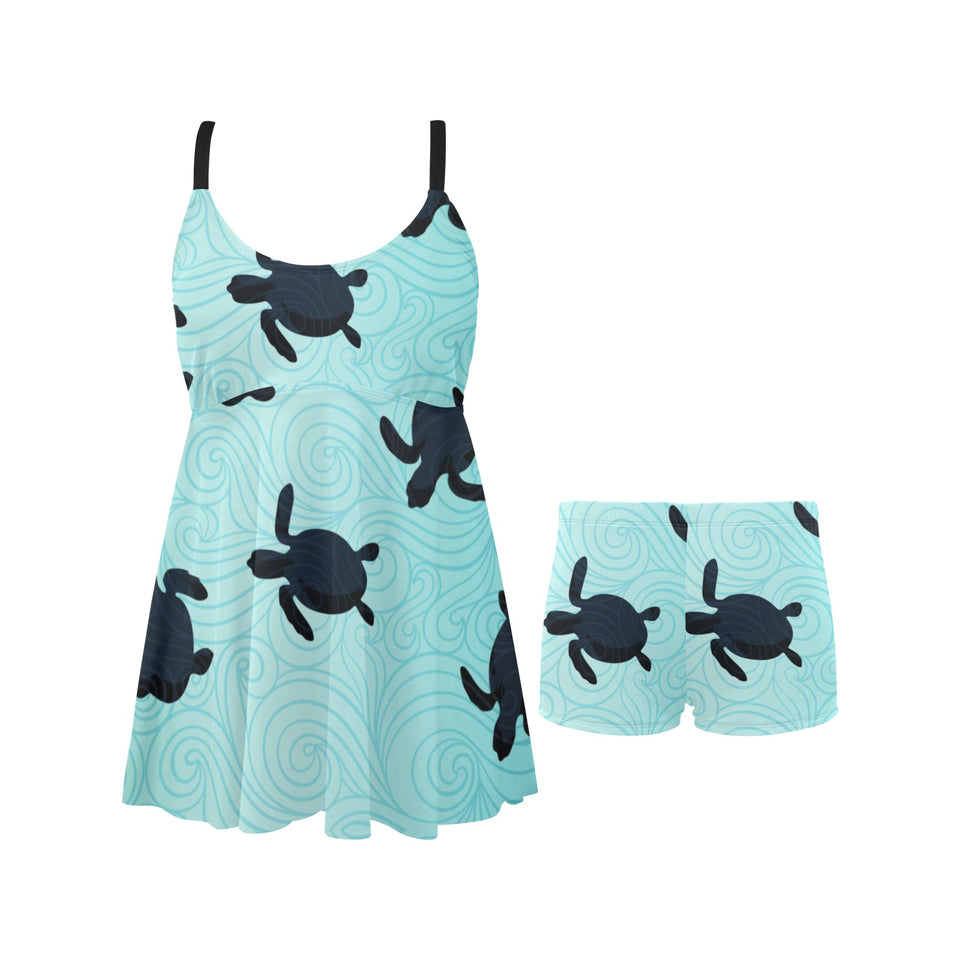 Sea turtle with blue ocean backgroud Chest Sexy Pleated Two Piece Swim Dress