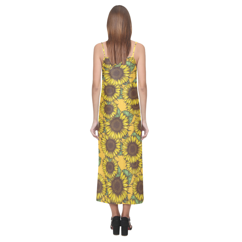 Sunflower pattern V-Neck Open Fork Long Dress