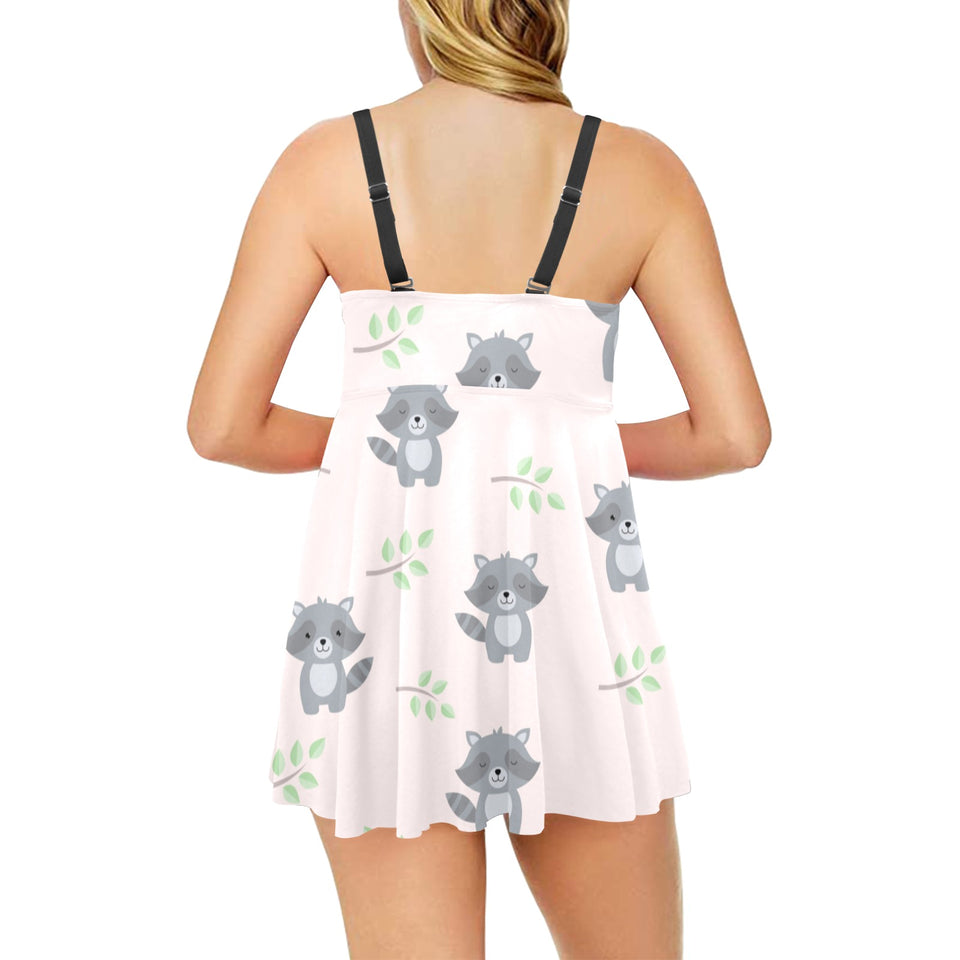 cute raccoons leaves pattern Chest Sexy Pleated Two Piece Swim Dress