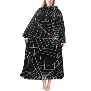 Spider web pattern Black background white cobweb Blanket Robe with Sleeves