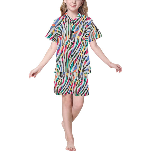 Colorful zebra skin pattern Kids' Boys' Girls' V-Neck Short Pajama Set