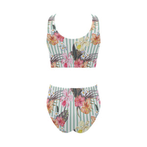 Colorful orchid flower pattern Chest Bowknot High Waisted Bikini Swimsuit
