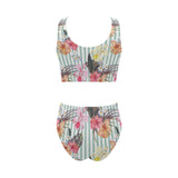 Colorful orchid flower pattern Chest Bowknot High Waisted Bikini Swimsuit