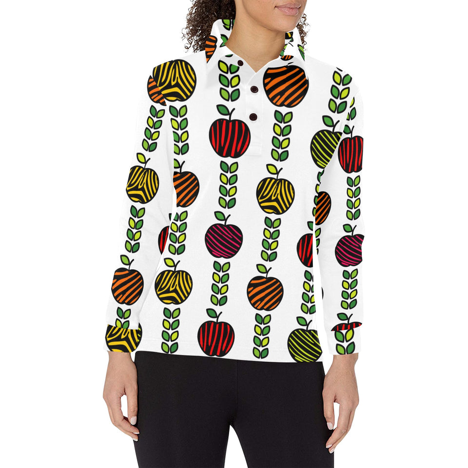 colorful apples leave zebra stripe Women's Long Sleeve Polo Shirt