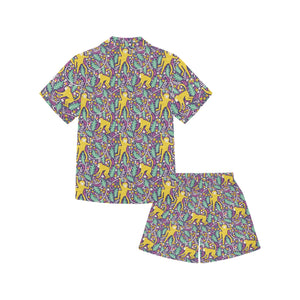 Cute yellow monkey leaves pattern Kids' Boys' Girls' V-Neck Short Pajama Set