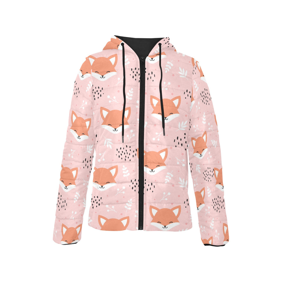 Cute fox pattern pink background Women's Padded Hooded Jacket