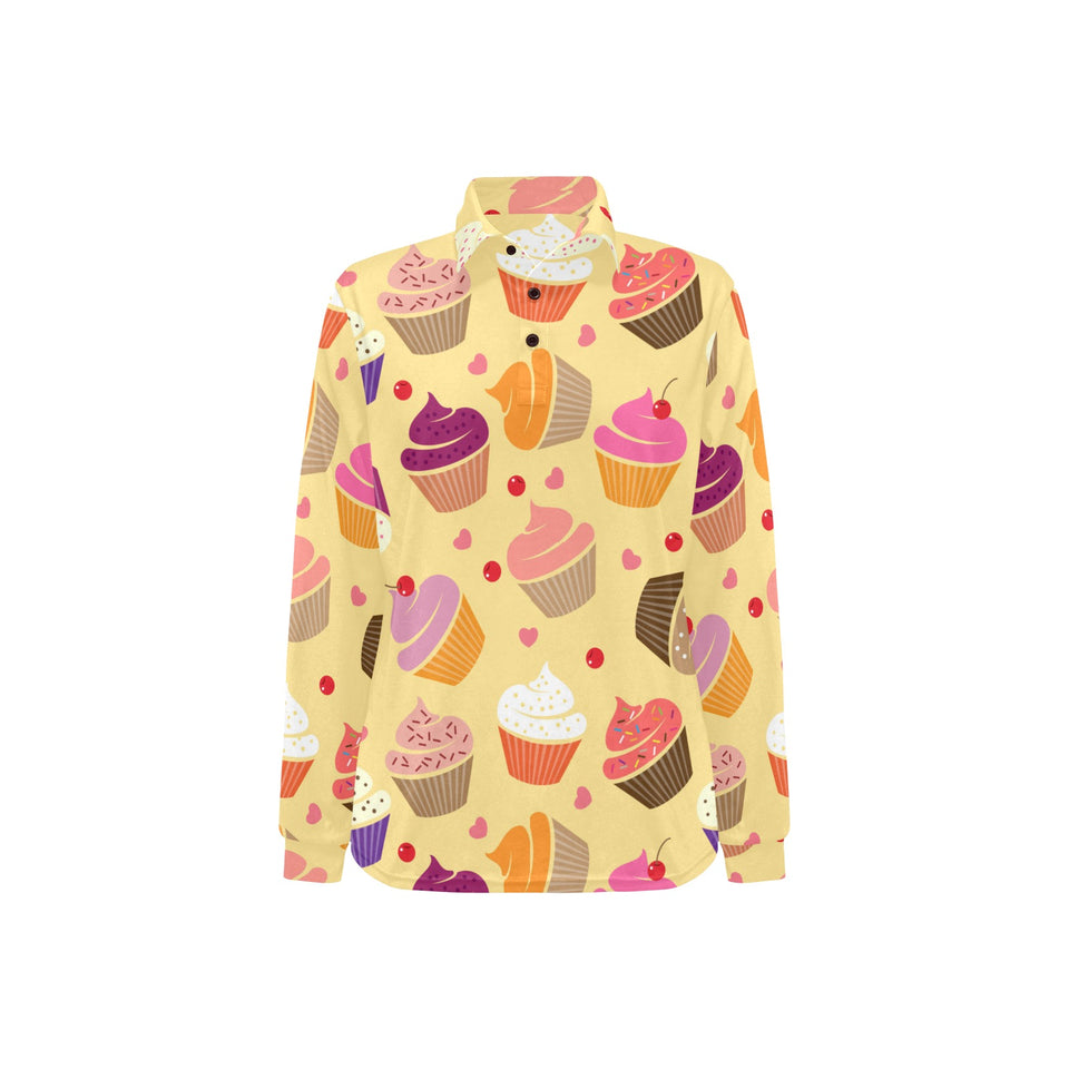 cake cupcake heart cherry pattern Women's Long Sleeve Polo Shirt