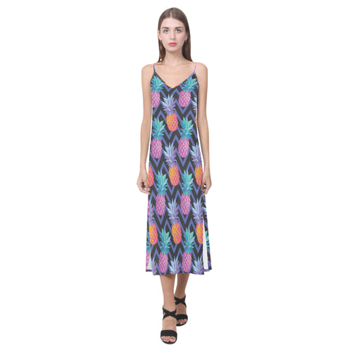 Pineapples pattern zigzag background V-Neck Open Fork Long Dress