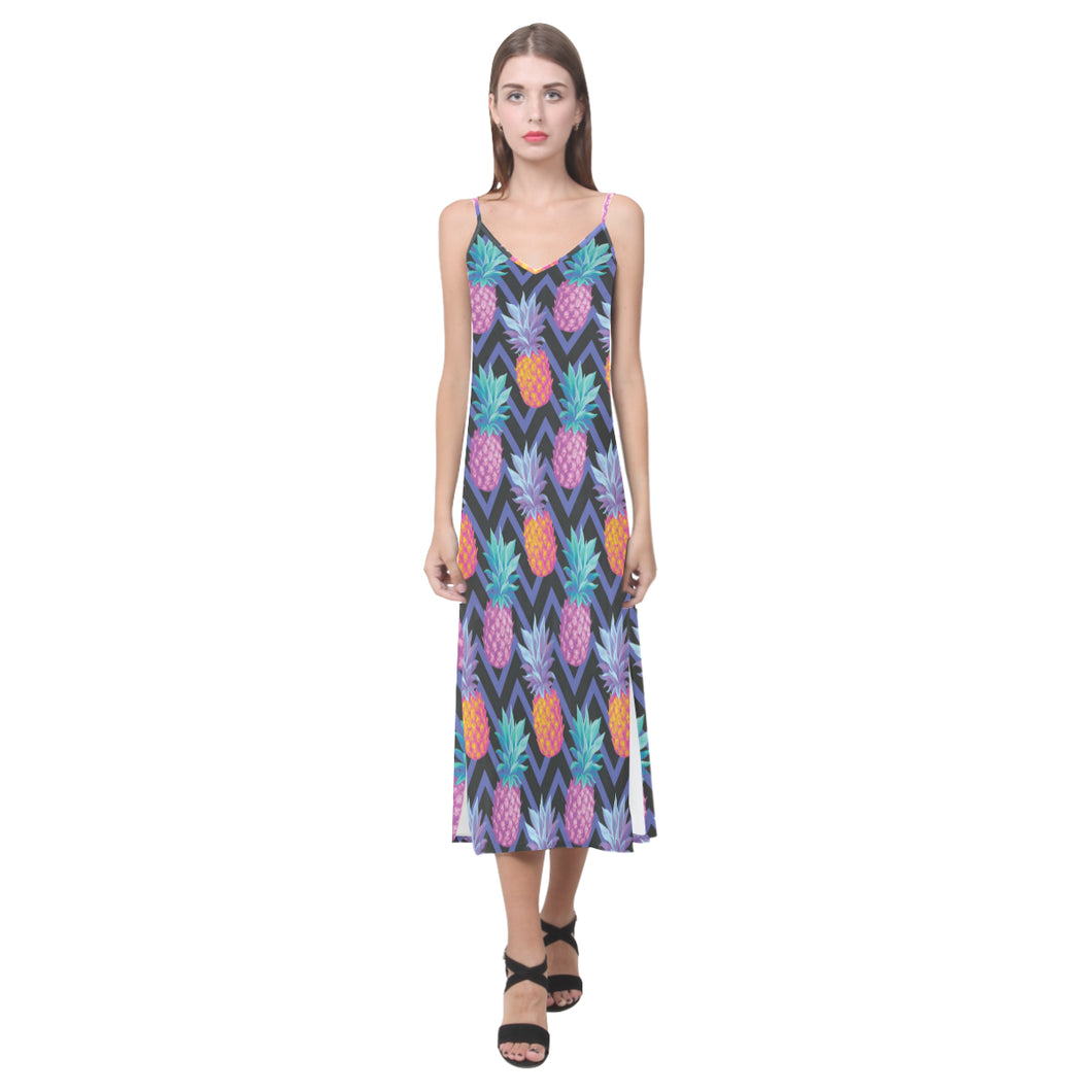 Pineapples pattern zigzag background V-Neck Open Fork Long Dress