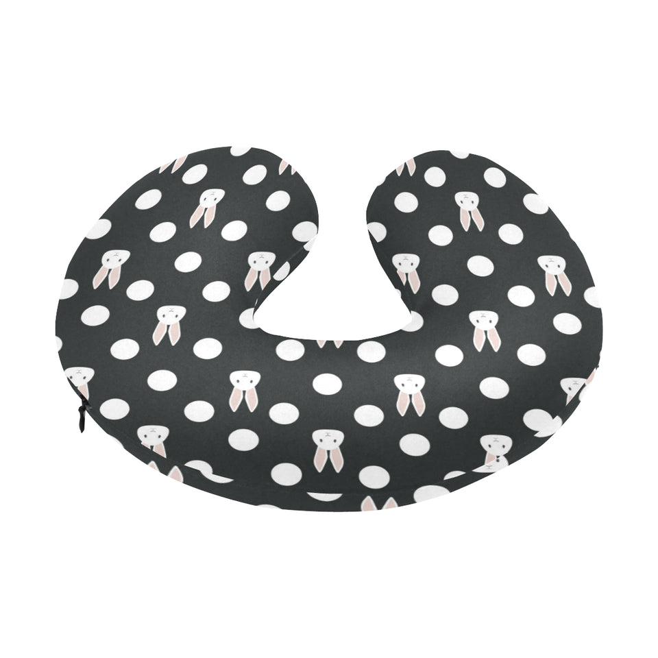 Cute white rabbit polka dots black background U-Shaped Travel Neck Pillow