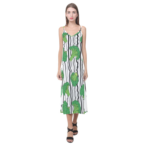 Cool Broccoli pattern V-Neck Open Fork Long Dress