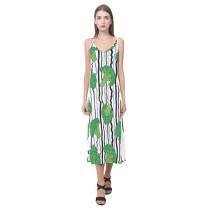 Cool Broccoli pattern V-Neck Open Fork Long Dress