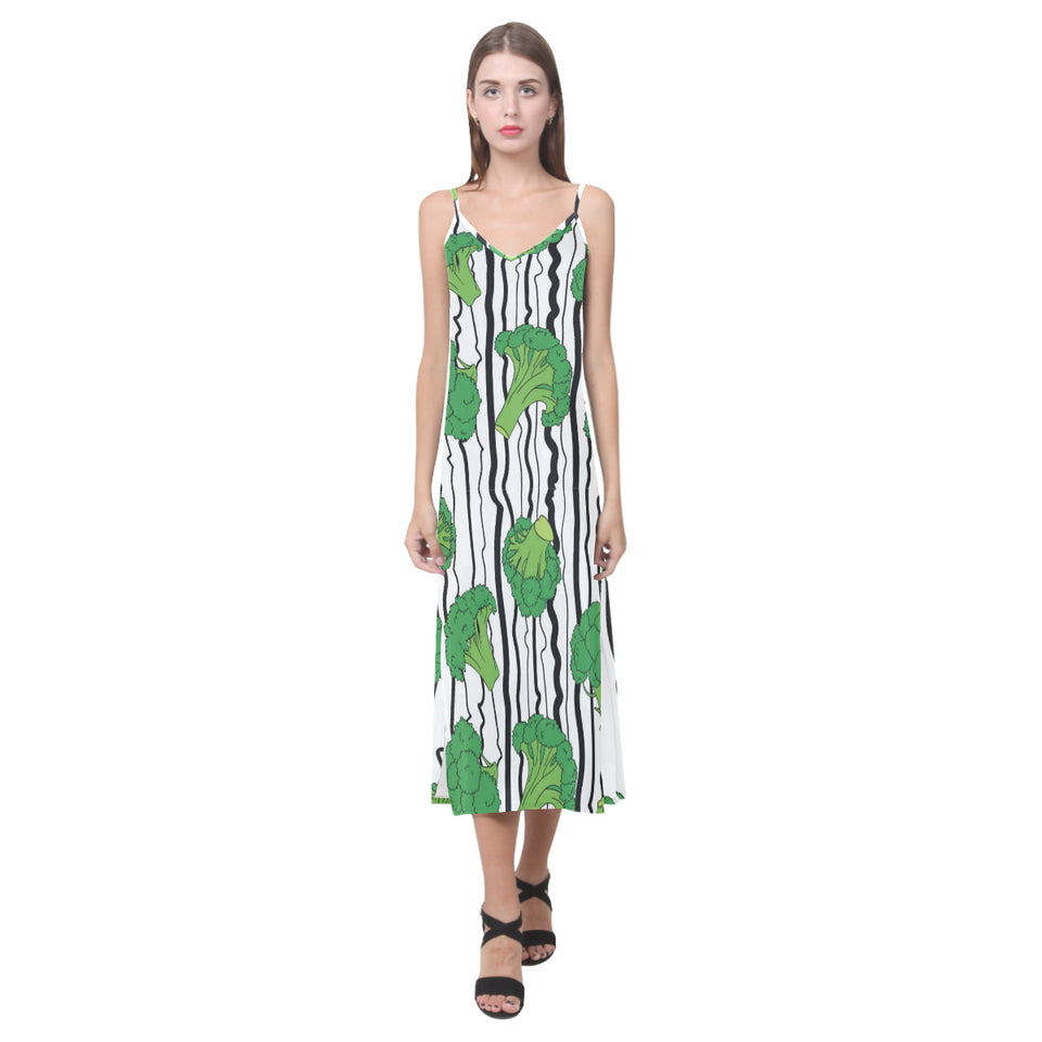 Cool Broccoli pattern V-Neck Open Fork Long Dress
