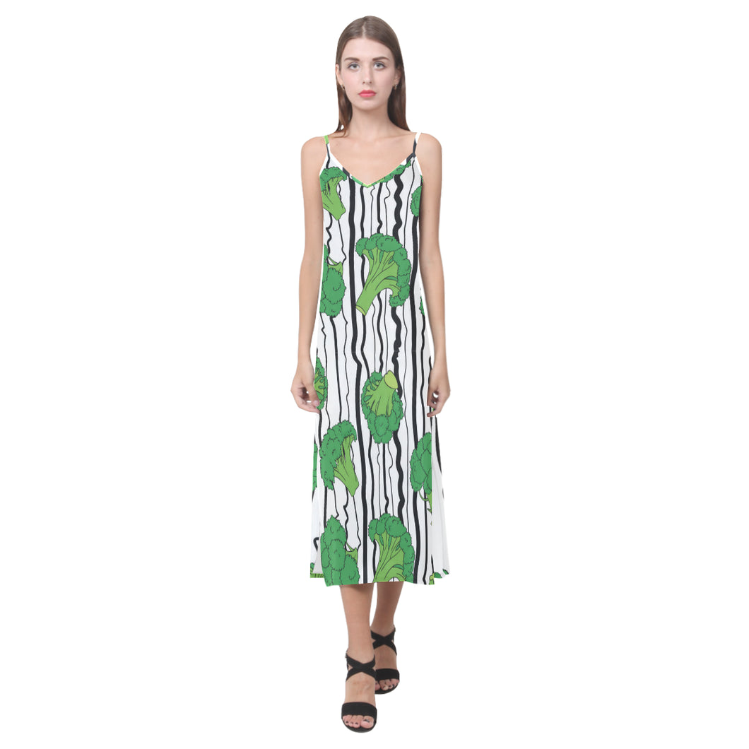 Cool Broccoli pattern V-Neck Open Fork Long Dress
