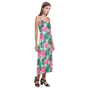 Watermelons tropical palm leaves pattern V-Neck Open Fork Long Dress