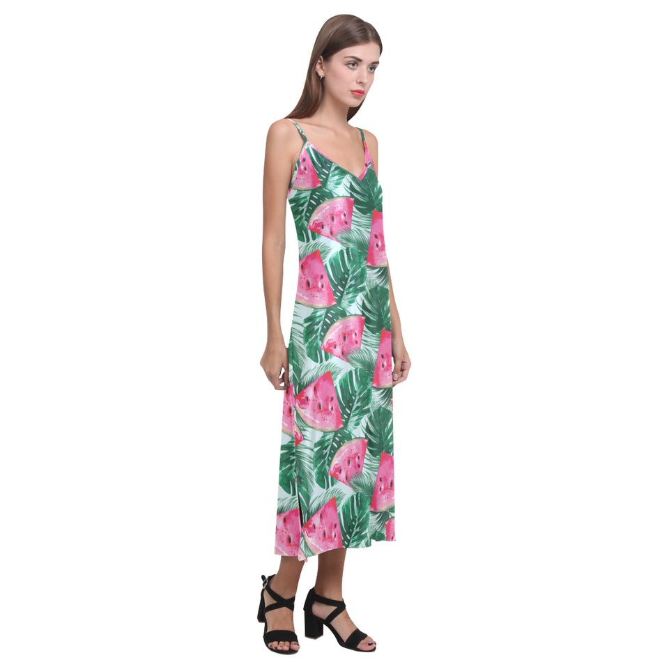 Watermelons tropical palm leaves pattern V-Neck Open Fork Long Dress