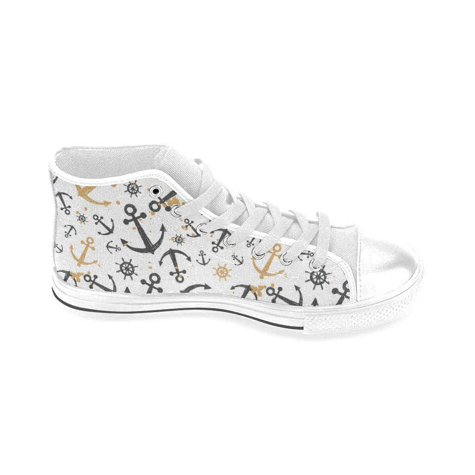 Anchors Rudders pattern Men's High Top Canvas Shoes White