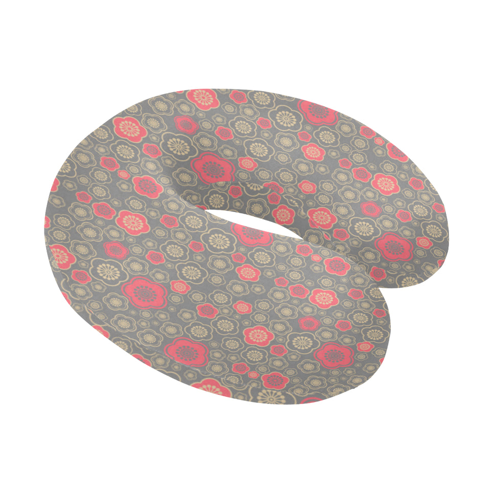 Red gold Sakura cherry blossom gray background U-Shaped Travel Neck Pillow