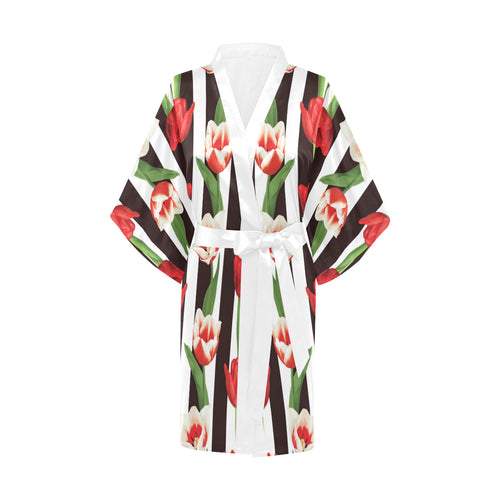 red and white tulips pattern Women's Short Kimono Robe