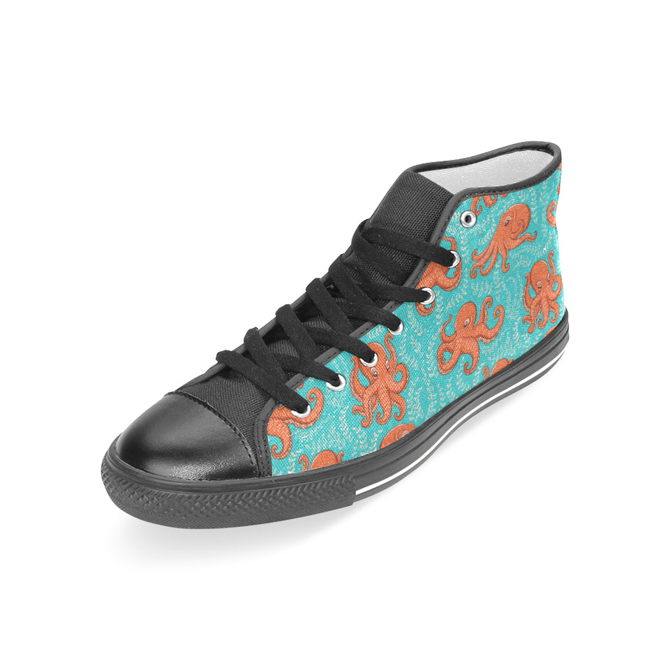 Octopus turquoise background Women's High Top Canvas Shoes Black