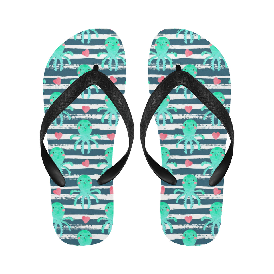 Cute octopuses heart striped background Unisex Flip Flops