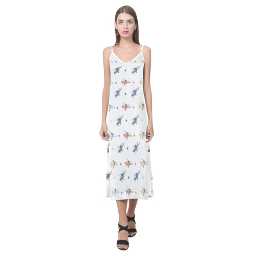 Cute helicopter star pattern V-Neck Open Fork Long Dress