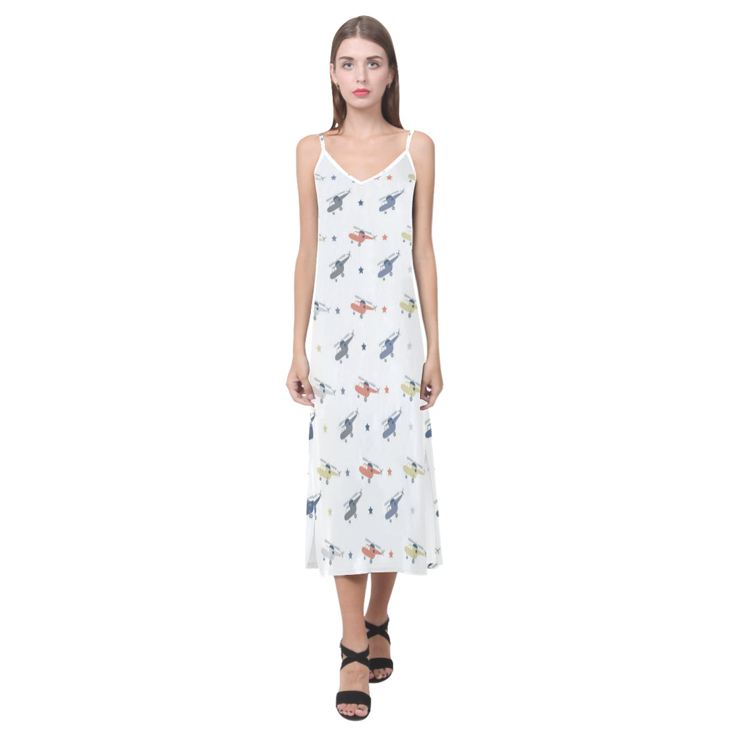 Cute helicopter star pattern V-Neck Open Fork Long Dress