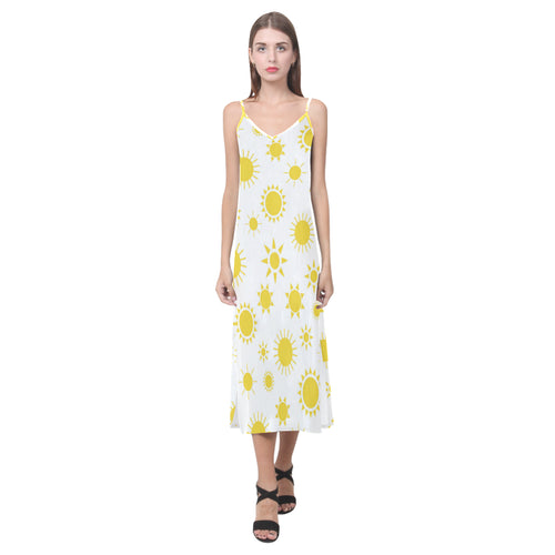 Sun pattern V-Neck Open Fork Long Dress