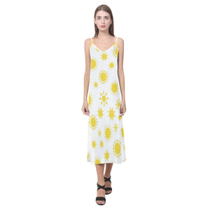 Sun pattern V-Neck Open Fork Long Dress