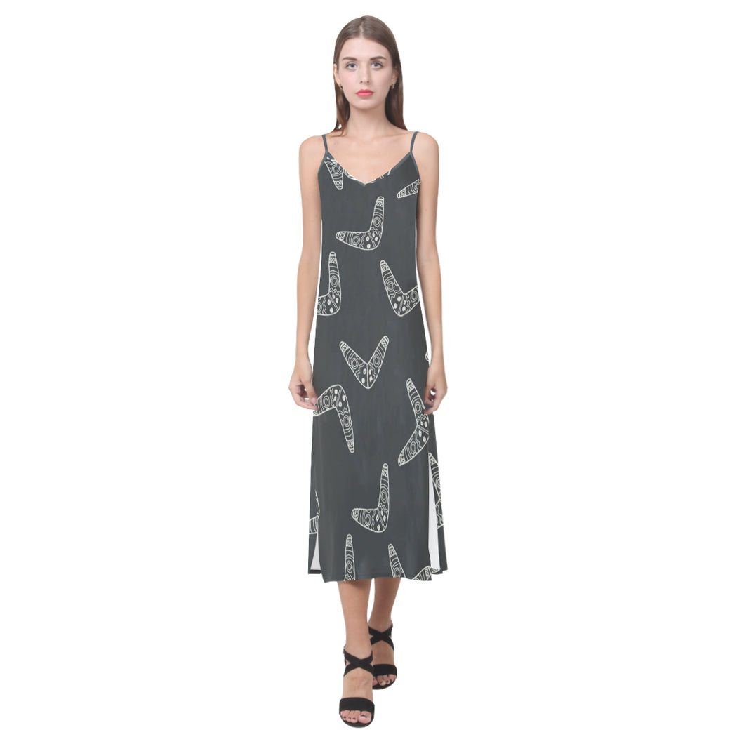 Hand drawn boomerang Australian aboriginal ornamen V-Neck Open Fork Long Dress